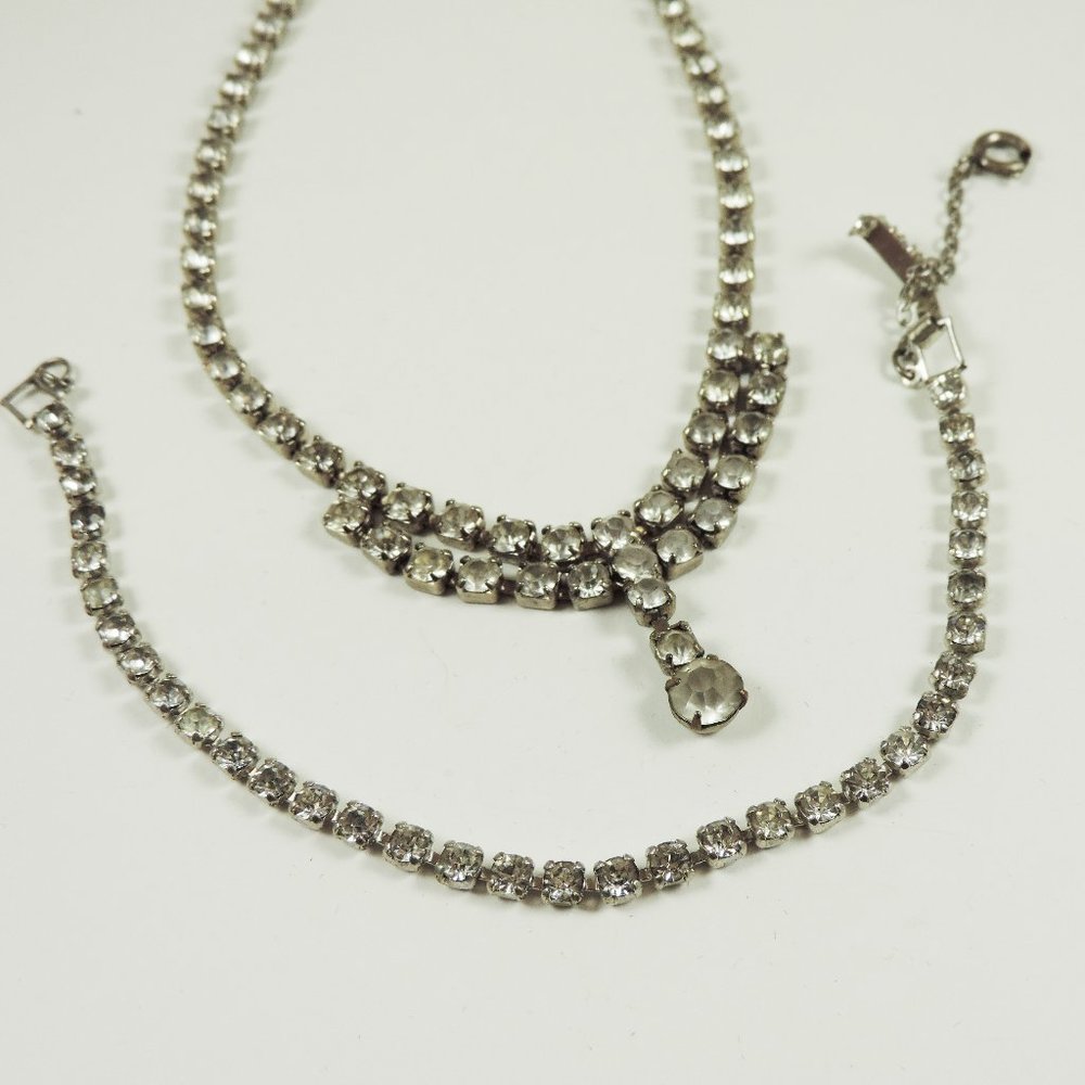 Vintage | Silver Tone Rhinestone Bracelet and Necklace Set
